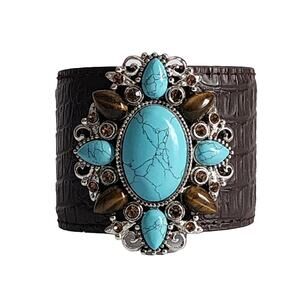 Andara Leather Cuff Bracelet Turquoise Medallion & Tigers Eye Rhodium Southwest